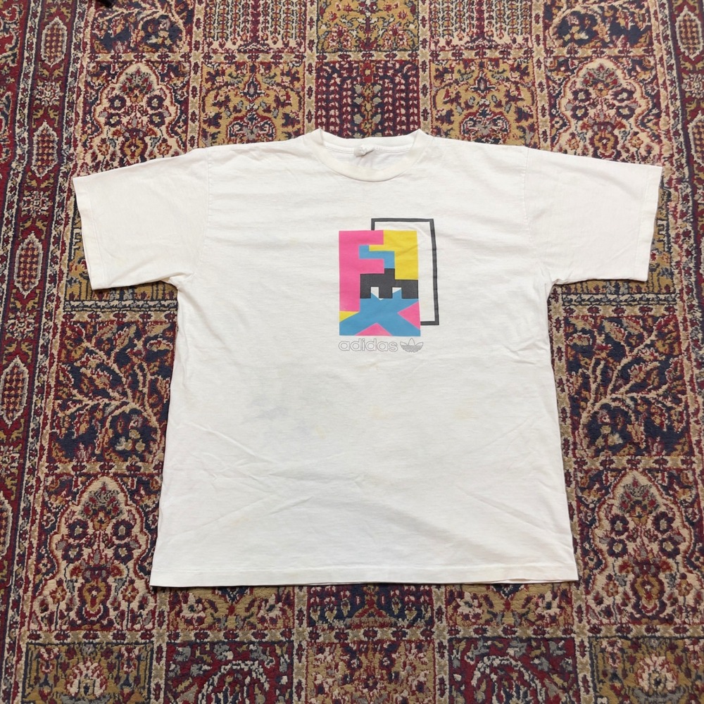 VTG 80s‎ Adidas Trefoil Abstract Box Graphic T Shirt White L USA Single Stitch